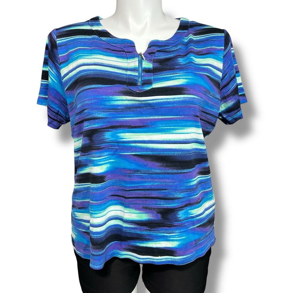 Rafaella Womens T Shirt Top Round Neck Pullover Short Sleeve Stripes Blue Purple